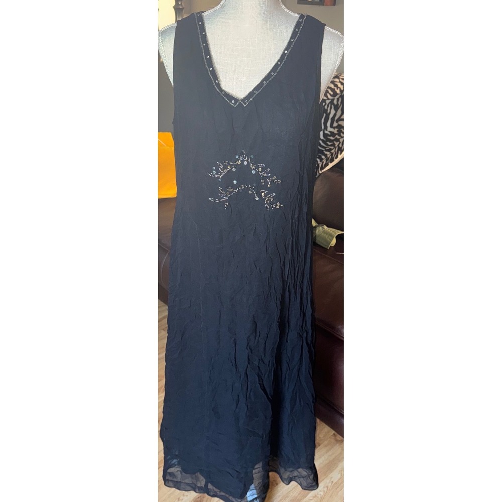 Vtg April Cornell M Black Rayon Beaded Sequin Sleeveless Midi Dress Whimsigoth